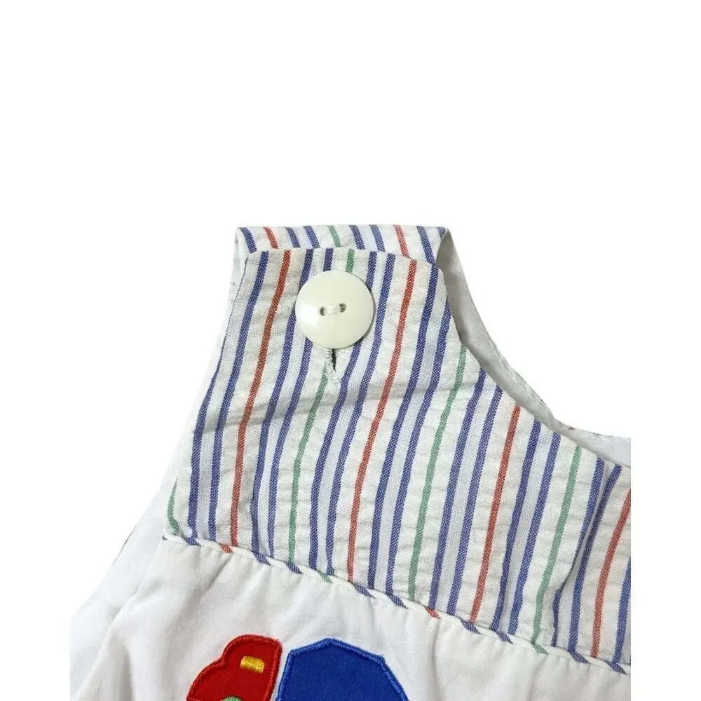 Vintage Baby Boy Seersucker Shortall Romper 18M Striped Smocked Truck Outfit